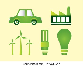 eco friendly recycable car windmill light bulb vector illustration