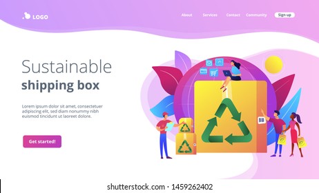 Eco friendly and recyclable container. Low impact packaging, sustainable shipping box, innovative packaging materials, ecommerce trends concept. Website homepage landing web page template.