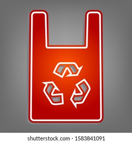 Eco friendly recycle sign. Flat red icon with linear white icon with gray shadow at grayish background. Illustration.