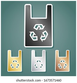 Eco friendly recycle sign. Set of metallic Icons with gray, gold, silver and bronze gradient with white contour and shadow at viridan background. Illustration.