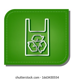 Signo de reciclaje ecológico. Icono de línea de gradiente plateado con sombra verde oscuro en hoja verde con parches ecológicos. Ilustración.