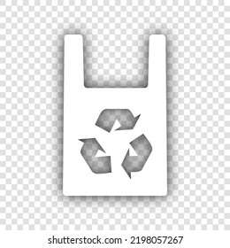 Eco friendly recycle sign. White Icon with dropped natural gray Shadow at transparent Background. Illustration.
