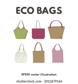 Diseño de ilustraciones vectoriales de bolsas de reciclado ecológicas.