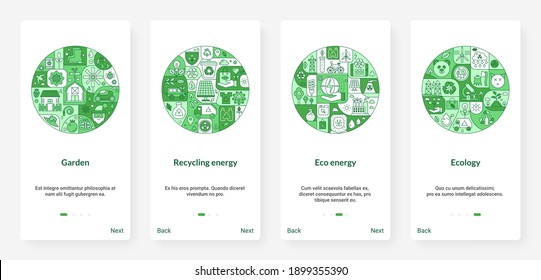 Eco friendly recycling energy, ecology environment circle vector illustration. UX, UI onboarding mobile app page screen environmental set with line ecological technology, green energy to save Earth