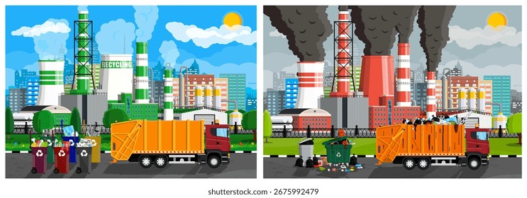 Eco friendly recycling versus pollution of environment by smoking factory and garbage concept. Save earth day.