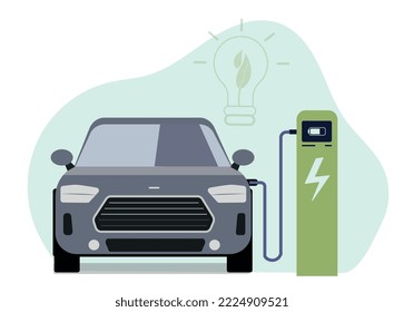 Reabastecimiento ecológico. Cargador de máquinas, tecnología moderna e innovación. Reducción de la emisión de sustancias nocivas a la atmósfera. El cuidado de la naturaleza y la ecología. Dibujo vectorial plano de dibujos animados