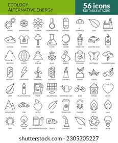 Eco friendly related line icons set in minimal style. Editable stroke. Ecology icons. isolated symbols. Green eco technology. Alternative energy ecological concept. Vector illustration