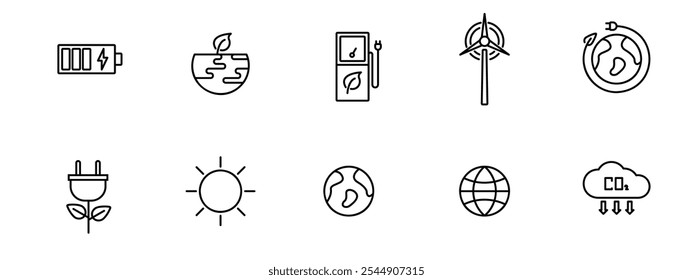 Conjunto de ícones de estrutura de tópicos relacionados à eco amigável. Ícones de ecologia linear. Símbolo simples de sustentabilidade ambiental para web