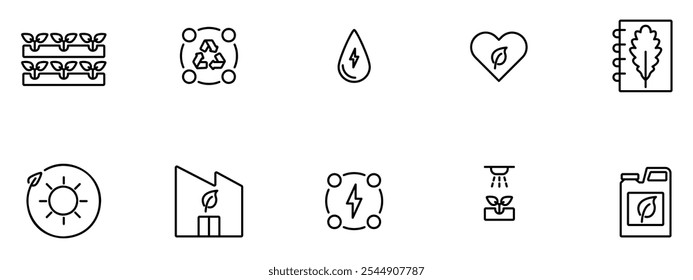 Eco friendly related outline icon set. Linear ecology icons. Environmental sustainability simple symbol for web