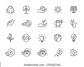 Eco Friendly Related Thin Line Icon Set In Minimal Style. Linear Ecology Icons. Environmental Sustainability Simple Symbol. Editable Stroke 