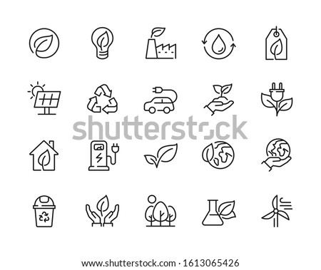 Eco friendly related thin line icon set in minimal style. Linear ecology icons. Environmental sustainability simple symbol. Editable stroke 