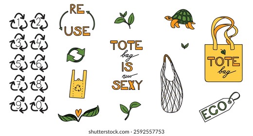 Eco Friendly Reusable bag, plastic bag and tote bag. Upcycle signs. Set of hand-drawn vector elements on isolated background that Promote Sustainability. 