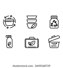 Eco Friendly Reusable Food Containers Line Icons Set Sustainable Lifestyle Recycling Symbols Minimalist Design Clean Style