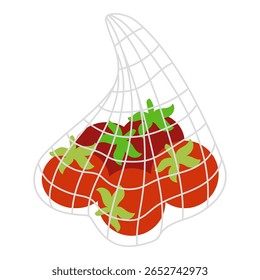 Saco de rede reutilizável eco amigável cheio de tomates vermelhos. Ilustração plana vetorial em estilo cartoon isolada sobre fundo branco.  Promove desperdício zero, estilo de vida sustentável e escolhas alimentares saudáveis.