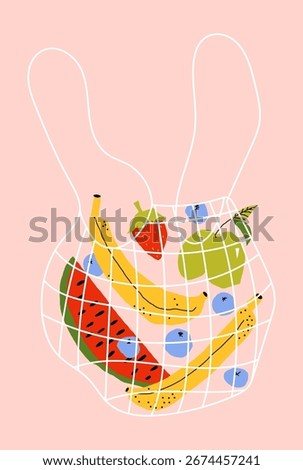 Eco friendly reusable net shopping bag with organic fruits and berries, flat vector collage in pastel tones for sustainable market concept