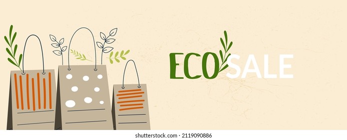 Eco friendly reusable and recycle kraft bag or Spring green sale banner template. Recycling, zero waste, go green concept. Eco-friendly shopping cardboard craft pack. Flat vector cartoon illustration