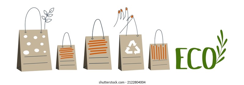 Eco friendly, reusable and recycle kraft bag. Recycling, zero waste, go green concept. Paper pack set. Eco-friendly shopping cardboard craft pack. Organic delivery. Flat vector cartoon illustration