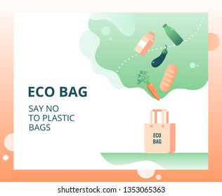 Eco friendly reusable shopping bag and falling organic food . Zero Waste (Say no to plastic) concept for landing page, template, ui, web. Vector