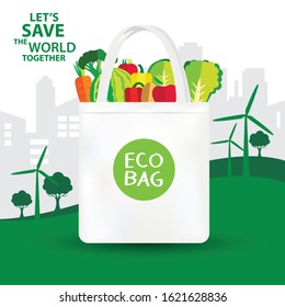 Eco friendly reusable shopping bag. Zero waste. Say no to plastic bags. Environment preservation concept. vector illustration.