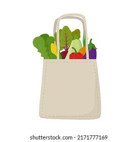 Eco friendly reusable shopping bag with fresh vegetables. Vector illustratio of natural food.