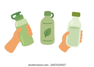 Eco friendly reusable water bottles in hands and alone, promoting sustainable lifestyle and hydration.