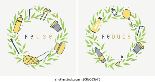 ECO FRIENDLY. Reuse. Reduce. Recycle. Reusable things: bag, cup, lunch box, toothbrush, tubule, etc. Environment protection, sustainability concept. Vector illustration. 