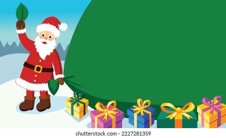 Eco friendly Santa Claus, vector illustration. Eco-sustainable Christmas, banner with copy space. Santa Claus with green leaf. Zero west concept.