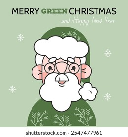 Eco friendly Santa Claus.Merry Green Christmas and Happy New Year greeting card.Father Christmas,Saint Nicolas smiling face card.Green concept.Santa portrait with green hat.Vector illustration EPS 10