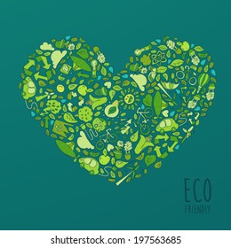 Eco Friendly, save earth concept, set in the shape of heart, vector illustration, hand drawing