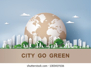 eco friendly , save the earth and world environment day with family,Paper art and digital craft style