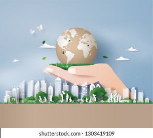 eco friendly , save the earth and world environment day with family,Paper art and digital craft style