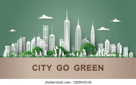 eco friendly , save the earth and world environment day with family,Paper art and digital craft style