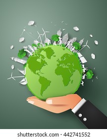  eco friendly and save the earth with  world on hand .paper art concept of earth day.