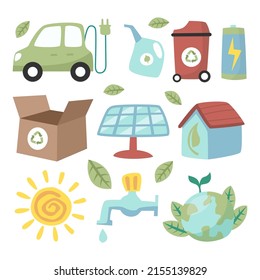 Eco friendly, Save energy, environment renewable symbol sticker clip art with green car, paper bag, bulb and mill.