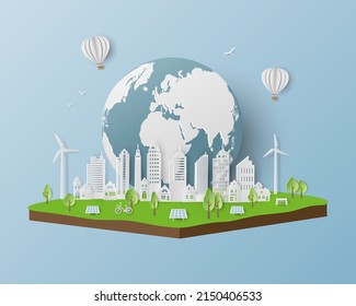 Eco friendly and save the environment conservation concept with clean city on isometric landscape,vector illustration