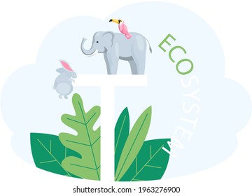 Eco friendly, save environment, nature conservation. Animals and bird near inscription eco system on leaf background. Caring for ecosystem on planet. Representatives of biodiversity of planet Earth