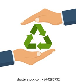 Eco friendly. Save nature. Ecology business. Paper recycle icon in hand human. Protection planet environment. Vector illustration flat design. Isolated on white background.