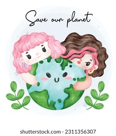 Eco friendly save out planet, two young girl hug greenery planet watercolor painting.