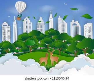 Eco friendly save the world and environment concept,Paper art landscape with deer family and urban city background,vector illustration