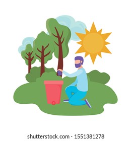 eco friendly scene and man in landscape with garbage cans vector illustration design