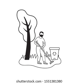 eco friendly scene and man in landscape with garbage cans vector illustration design