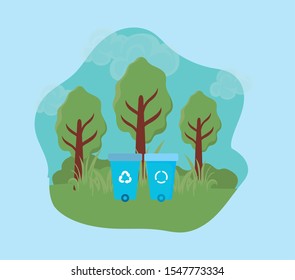 eco friendly scene with tree plants and garbage can vector illustration design