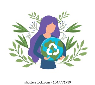 eco friendly scene and woman with planet earth vector illustration design