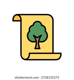 Rolagem ecológica com símbolo de árvore verde no fundo amarelo representando a conservação ambiental e a sustentabilidade