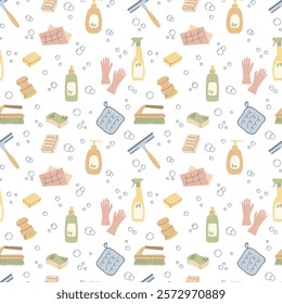 Eco friendly seamless pattern with cleaning tools. Cleaning supplies in minimalistic flat design. Brushes, gloves, mops, and detergent. Sustainable living concept