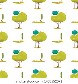 Eco Friendly Seamless Pattern with Green Trees Repeated Design. Trendy Craft Style. Creative Farm Print. Endless Forest Texture. Garden and Gardening Cartoon Wallpaper. Simple Vector Flat Illustration
