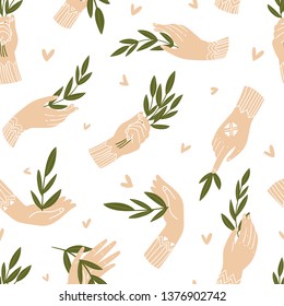 Eco friendly seamless pattern. Human hands holding branches with leaves. Vector repeat design for fabric or wallpaper. 