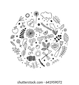 Eco friendly set of abstract isolated design elements. Hand drawn vector black and white illustrations. Cartoon, doodle. Go green. Save the nature.