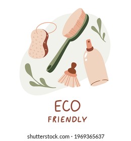 Eco friendly. Set of bathroom accessories and tools: brush, glass bottle. Card, poster with hand written lettering. No plastic, zero waste, go green concept. Vector hand drawn illustration 
