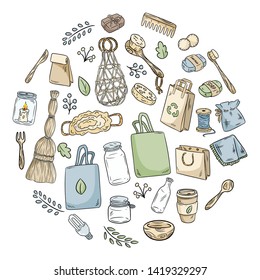 Eco friendly set of doodles in a circle. Ecological and zero-waste collection of items. Go green